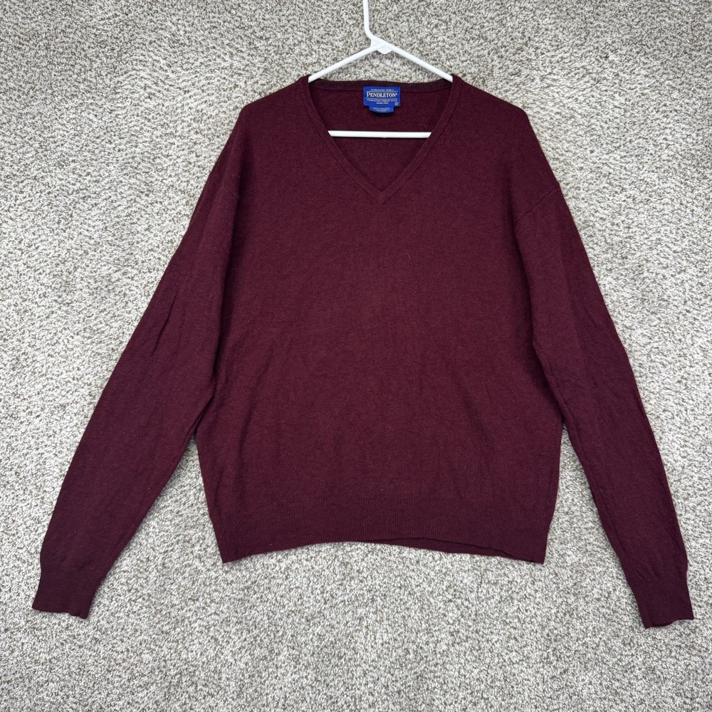 Pendleton Sweater Men's Large 100% Lambswool V-Neck Burgundy Pullover Stretch